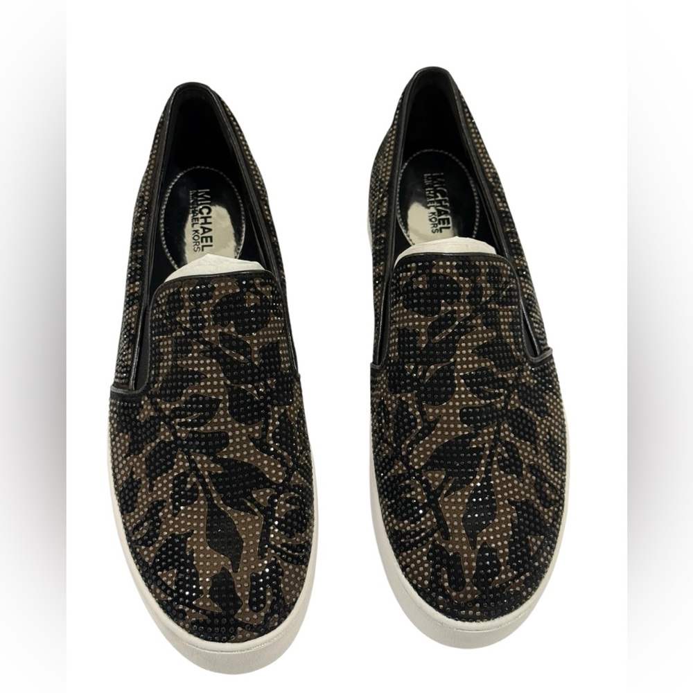 NEW Michael Kors Black and Brown Floral Embellished Sneakers ~ Size 10